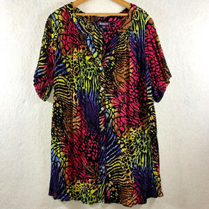 Women Colorful Animal Print Rayon Button Top Sz 22W Maximalism Vibrant Statement